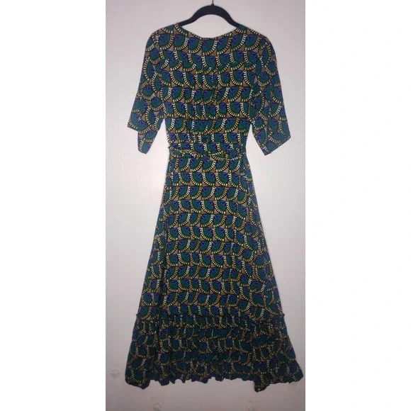 Silk & Salt Journey Maxi Wrap Dress African Peacock Print Green Blue NEW Medium - Picture 10 of 12
